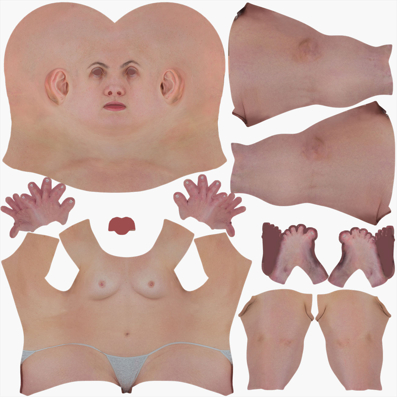 UV unwrap layout for a female 3D body scan showing texture coordinate islands and low-distortion mapping
